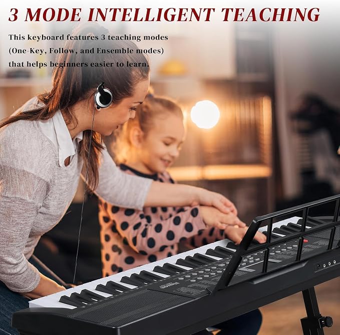 Ktaxon 61 Key Keyboard Piano Electric Keyboard w/Lighted Keys, Electric Piano Set with Headphones, Microphone, Music Rest, Power Adapter, Stand, Piano Bench and Manual (Full-Black)