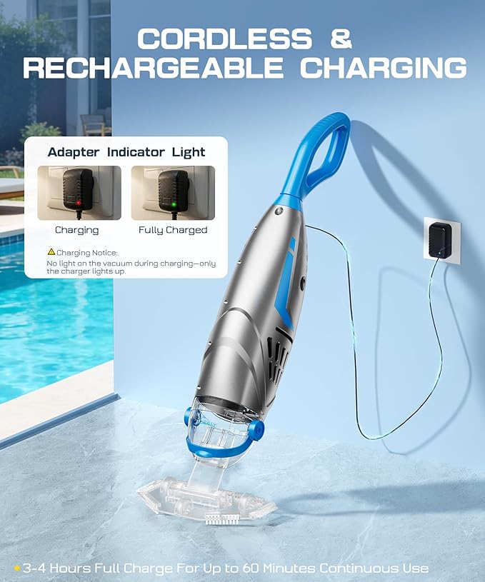 Pool Vacuum for Above Ground Pool & Inground Pools, (2026 Upgraded) 26.5 GPM High-Powerful Pebbles Suction, V3 IPX8 Cordless Handheld Rechargeable Cleaner 2 Vacuum Heads & 4 Filter Bags, 1H Runtime