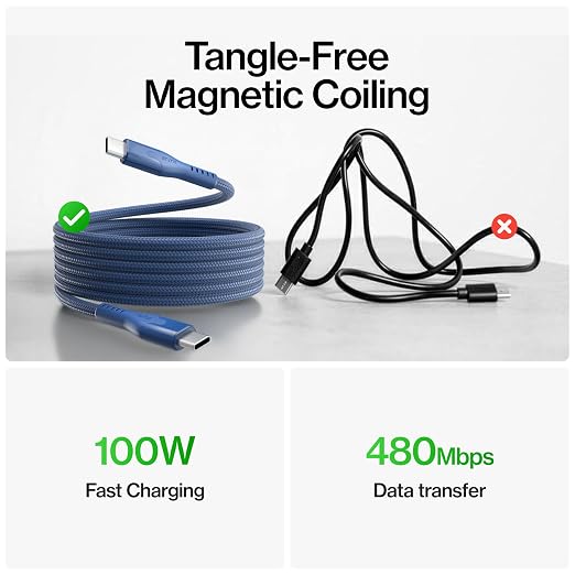 Statik MagStack Pro USB C to USB C Cable, Magnetic Type C Charger Fast Charging Cord, On The Go Magnetic Charging Cable for Car, Compatible with iPhone, iPad & Android, Navy 100W 3FT, 3 Pack