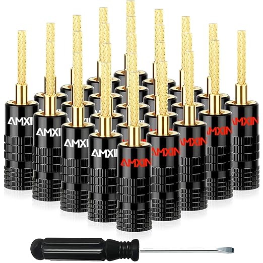 Flex Pin Banana Plugs for Speaker Wire (12 Pairs, 24 Pieces), Closed Screw Type, 24K Gold Plated Speaker Connector for Spring-Loaded Banana Jack Terminals, Support 12 AWG to 18 AWG Wires