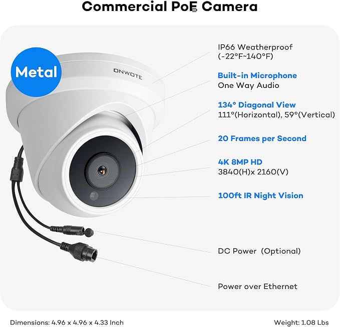 ONWOTE 4K 8MP PoE IP Security Camera, AI Human Vehicle Detection, 3840x2160 8 Megapixels, 134° FoV, Video Audio, Indoor Outdoor, Commercial Wired Camera for Business