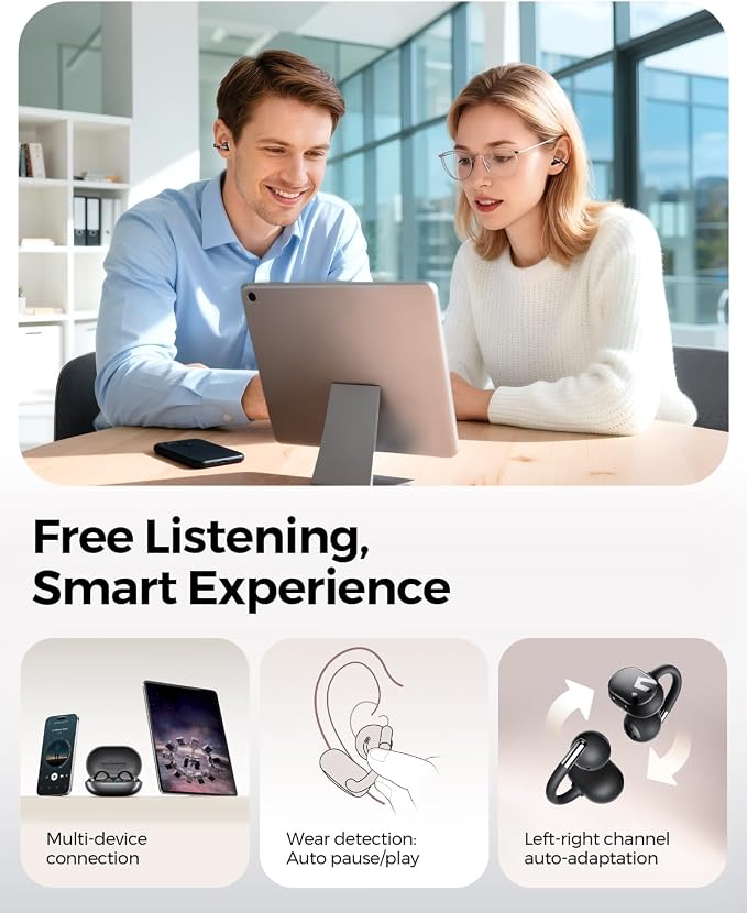 SoundPEATS Clip1 Advanced Open Ear Earbuds with Hi-Res LDAC & Dolby Audio | Comfortable, Secure Clip-On Design for Sports, Workouts, Office | 40H Playtime, Fast Charging, IPX5, Bluetooth 5.4