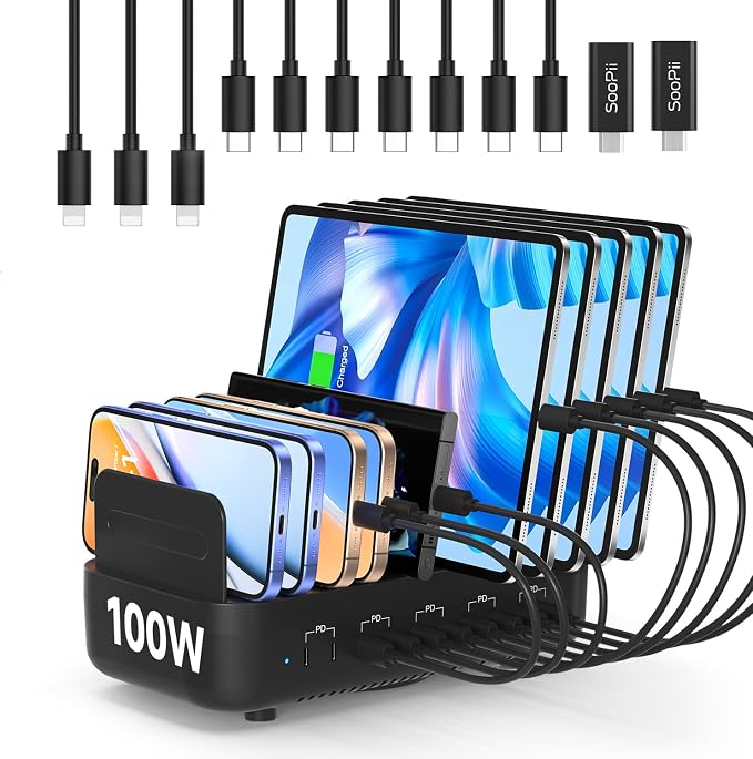 SooPii 100W USB-C Charging Station,10-Port PD Fast Charger,3-Pin Grounded Safety,10pcs Mixed Short Cables Included,Charging Organizer for Phones,Tablets and Other Electronics(Black)