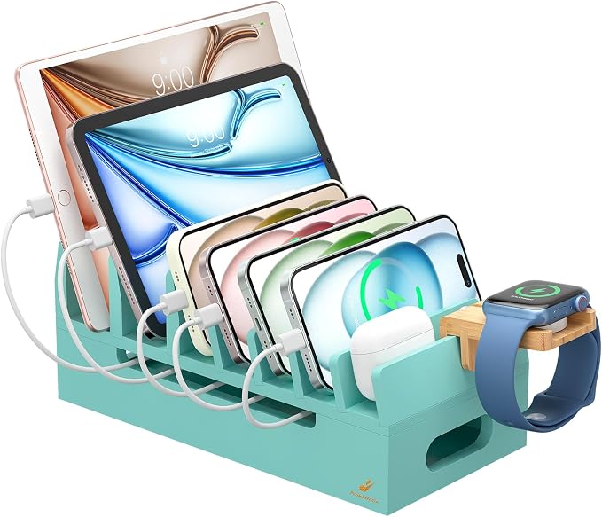Bamboo Charging Station with Watch Stand, Docking Holder for Multi Device with 5 Charge Cables, Desktop Dock Stations Electronic Organizer for Cellphone, Tablet, Watch(No USB Charger)-Teal