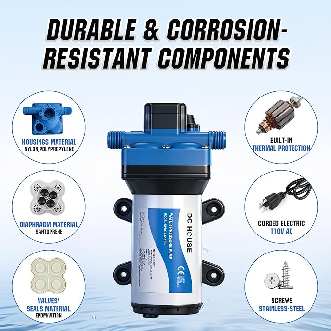 DC HOUSE 110V Camper Water Diaphragm Pump with Power Plug 42-Series 5.5GPM 70PSI High Pressure On Demand Self Priming Water Booster Pump for Kitchen Bathroom RV Garden Hose Rain Barrel Sprinkler