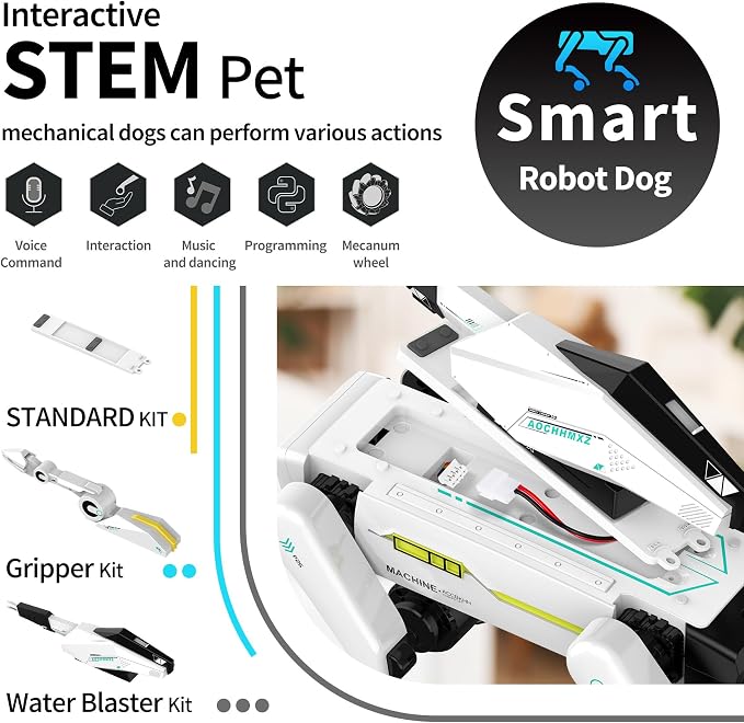 EVADA 3 in 1 Robot Dog with Wheels Kit, 30+ Bionic Actions, Voice & Remote Control, Programmable Moves, Rechargeable Battery, All-Terrain Stunt Pet Toy for Kids (Removable Claw & Cannon)