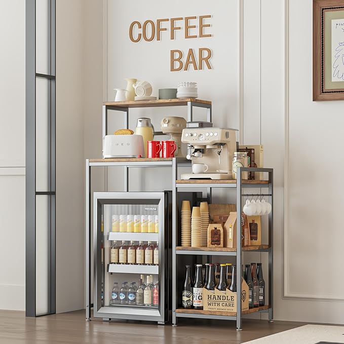 COCOLUCKY 6-Tier Mini Fridge Stand with Storage Shelf.Asymmetric 2-in-1 Design:Wide Side for Fridge+Microwave,Narrow Side for Spices & Utensils,Coffee Bar,Baker Rack for Dorm Kitchen,Vintage Brown