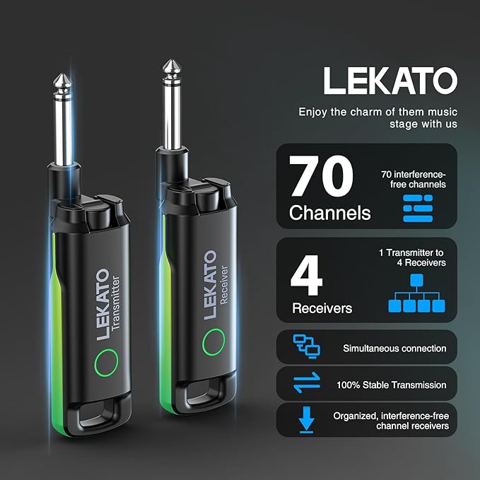 LEKATO Wireless Guitar System UHF Wireless Guitar Transmitter Receiver Rechargeable Audio Wireless Guitar Transmitter and Receiver with 70 Channels Wireless for Guitar Bass Electric Instruments-Green