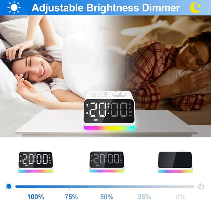 JALL Digital Alarm Clock with FM Radio for Bedroom, 8 Colors Night Light with 2 Charging Port, Sleep Sound Machines with Timer, Dual Alarm, Loud Alarm and Easy to Use for Seniors as Gift