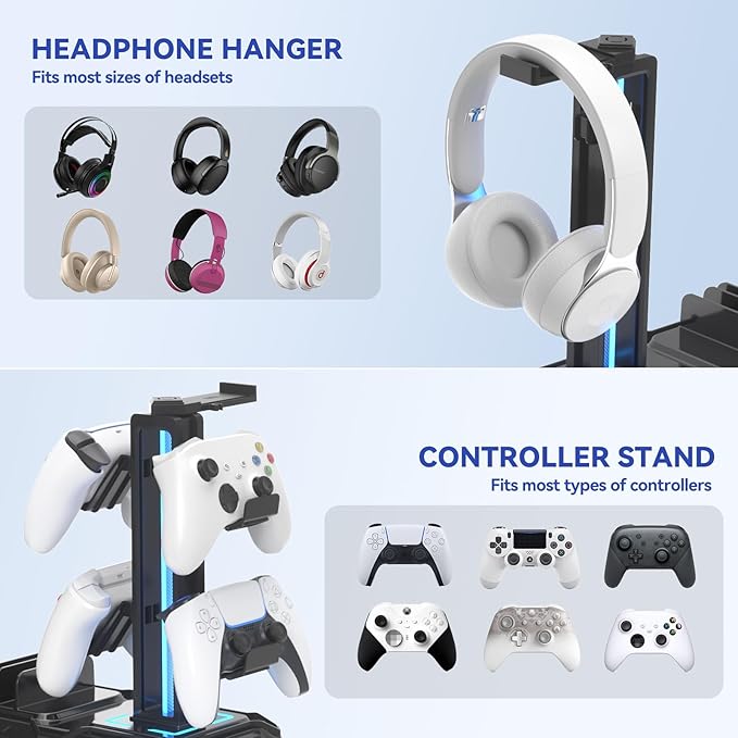 KDD RGB Multi-Controller Holder with 9 Light Modes & Headphone Stand with Charger Port and Multifunctional Storage