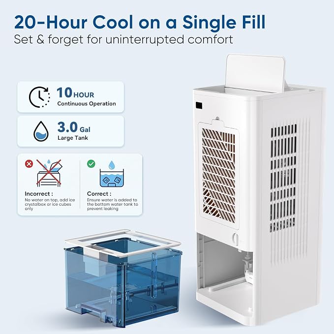 Portable Air Conditioners Fan, Windowless Evaporative Air Cooler 2 Modes & 6 Speeds, 12H Timer for Smart Auto-off, 3-Gals Tank for 20H Cooling,16FT Remote,No Hose Needed,38db Swamp Cooler