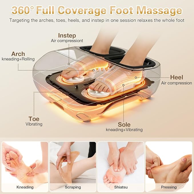 veicomtech Foot Massager with Heat, Electric Foot Massager Machine for Plantar Fasciitis Neuropathy with Remote Control, Adjustable Vibration and Compression(White)
