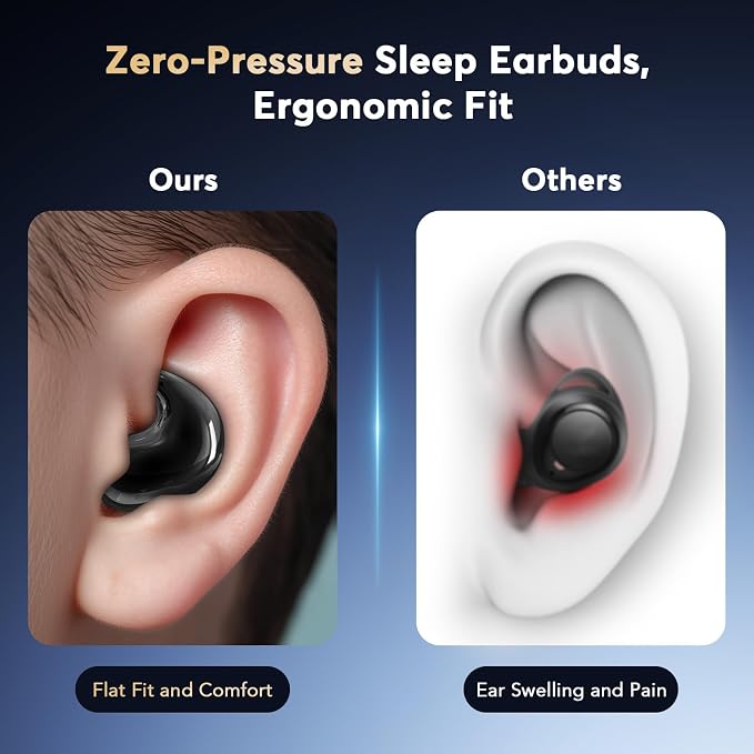 Sleep Earbuds for Side Sleepers, Invisible Flat Bluetooth Sleeping Earbuds, Zero Pressure White Noise Sleep Headphones, No Lights or Alerts, Tiny Hidden Earbuds for All Night Undisturbed Sleep