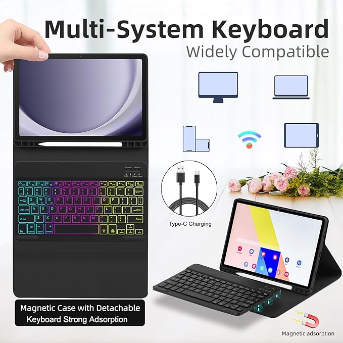 EAMPANG Case with Keyboard for Samsung Galaxy Tab A9 Plus 11 inch (SM-X210/X215/X216/X218),7 Color Rainbow Backlight Detachable USB-C Keypad Magnetic Case with Pen Slot for Tablet A9+ 5G Dark Black