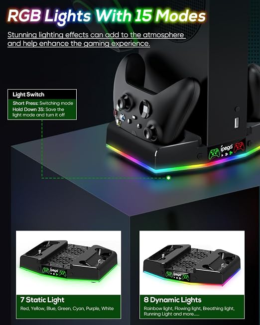 Cooling Stand & Charging Station for Xbox Series S with RGB Light Strip,Dual Controller Charger & Cooler Fan for XSS Console Accessories with 2*1400mAH Rechargeable Battery Pack,1*Headphone Hook,Black
