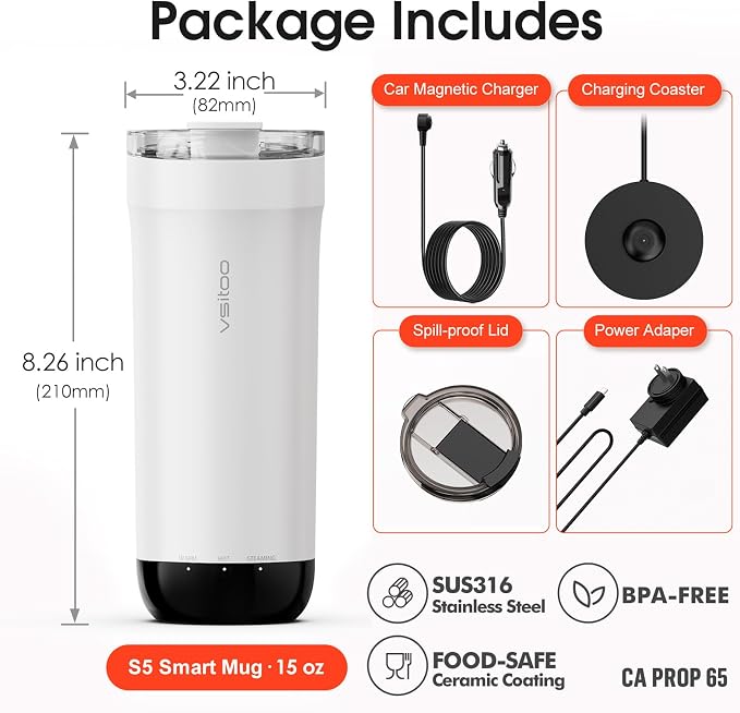 Vsitoo S5 Self Heating Travel Mug 16oz, Rechargeable Coffee Mug with Car Charger Kit, AI Auto-Sensing Temp Control Heated Cup for Home Office Car, App Control, Gift Women Men - White