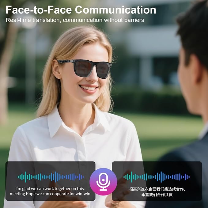 AI Smart Glasses for Men Women- Real-Time Translation (165+ Languages), Noise Cancelling, Open Ear Bluetooth Glasses, Polarized UV400 Smart Sunglasses, Auto On/Off Head Detection - Grey