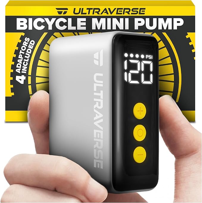 Ultraverse Mini Electric Bike Pump – 120 PSI High-Pressure Power, Ultra-Compact Smart Inflator with Presta & Schrader, Fast Rechargeable Pump for Road, MTB & E-Bike