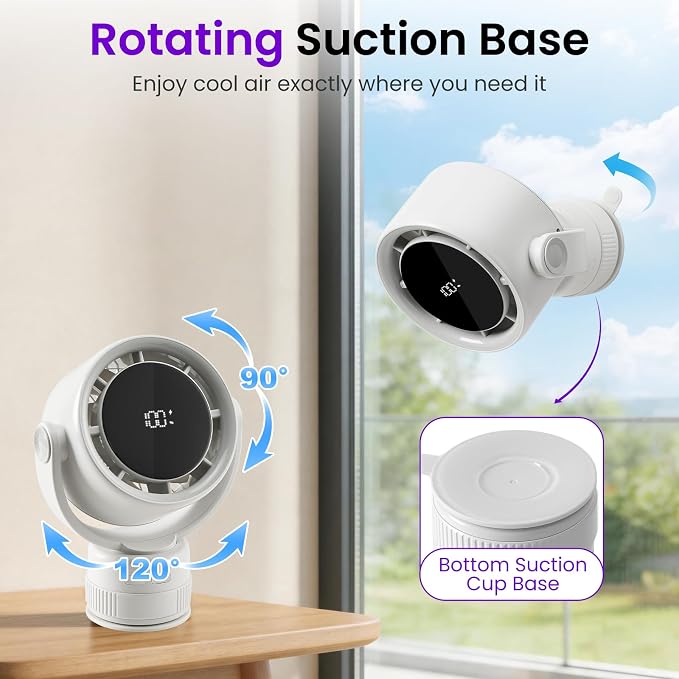 Desk Fan - 120° Oscillating Portable Table Fan, Rechargeable Wall Mount Air Circulator with Twist-Lock Suction Cup for Kitchen, Bathroom, Office and Travel, White
