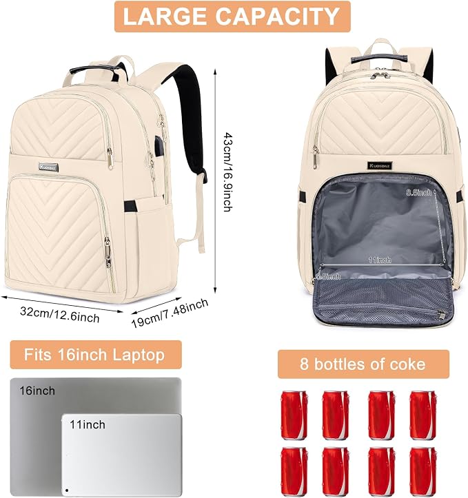 Lunch Backpack for Women, Water Resistant Insulated Cooler Lunch Bag, 15.6 inch Laptop Backpacks with USB Port, Picnic Backpack with Lunch Box for College Work Camping Beaches, Beige