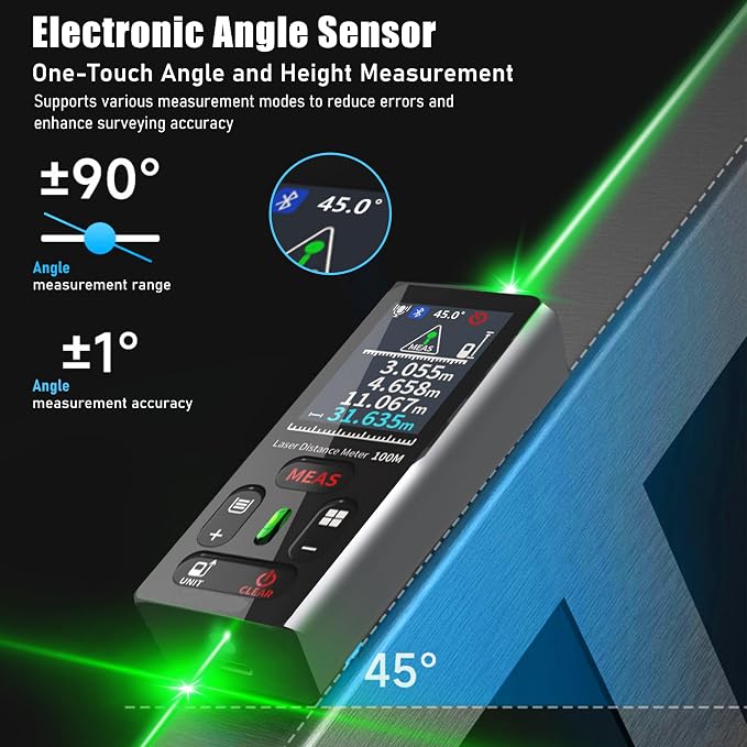 ZC-L387 Laser Measuring Tool 328Ft /100m Dual Green Laser Rangefinder Green Crosshair Laser Measuring Tool Backlit LCD Display Rechargeable Laser Rangefinder/Length/Volume/Area/Voice (m/Ft/in)