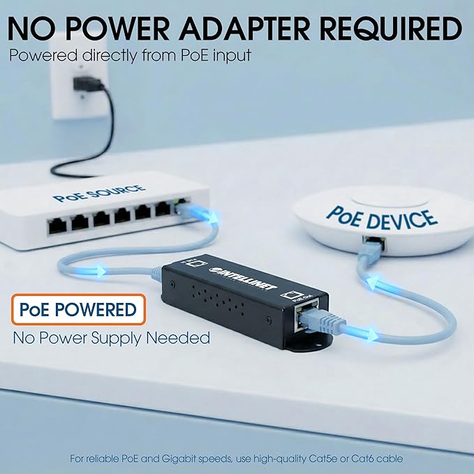 Intellinet 1-Port Indoor Gigabit PoE+ Extender Repeater – 25W Power Budget via Cat5e Cat6 RJ45 Ethernet Network Cables, Daisy-Chain – 3 Yr Mfg Warranty - 560962