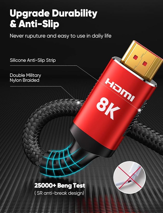 Snowkids 8K HDMI Cable 2.1 6.6FT 2-Pack, 48Gbps High Speed HDMI Braided Cord-4K@120Hz 144Hz 8K@60Hz, HDCP 2.2&2.3, Dynamic HDR, eARC,DTS:X, HDR 4:4:4 DTS: X Compatible for PS-5/TV/HDTV