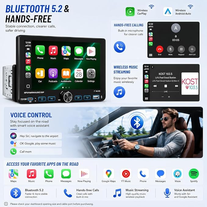 7" Single Din Car Stereo with Wireless Apple CarPlay,IPS Touchscreen,Bluetooth 5.2 Car Radio with Backup Camera,FM/AM/RDS,Android Auto,SWC,GPS Navigation,USB,Type-C Fast Charging,MIC