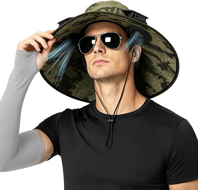 Solar Fan Hat with 2 Fans - Khaki Wide Brim Bucket Hat for Men Women, UPF 50+ Sun Hat for Fishing, Hiking