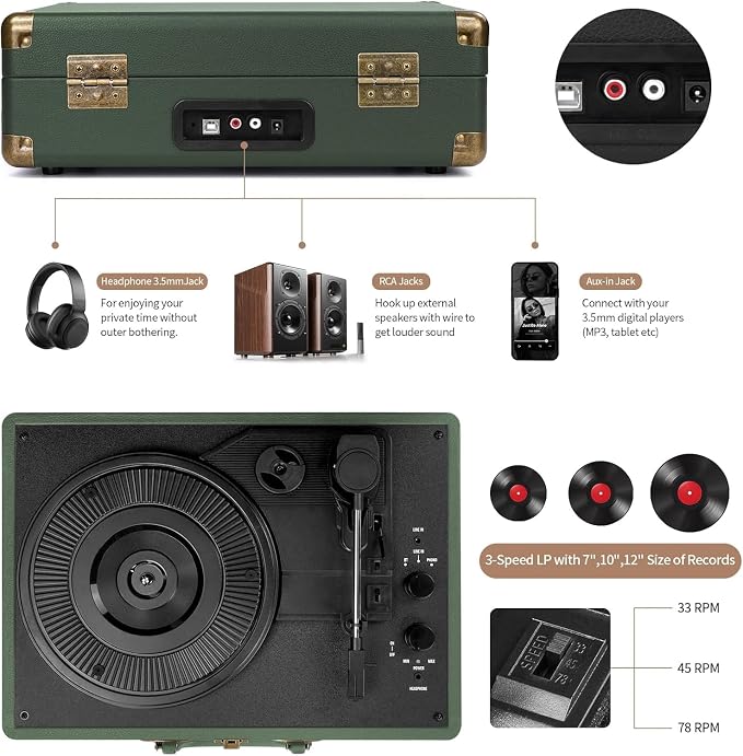 Vinyl Record Player Bluetooth Turntable 3-Speed Suitcase Portable Vintage Belt-Driven Record Player with Built-in Speakers RCA Line Out AUX in Headphone Jack Military Green