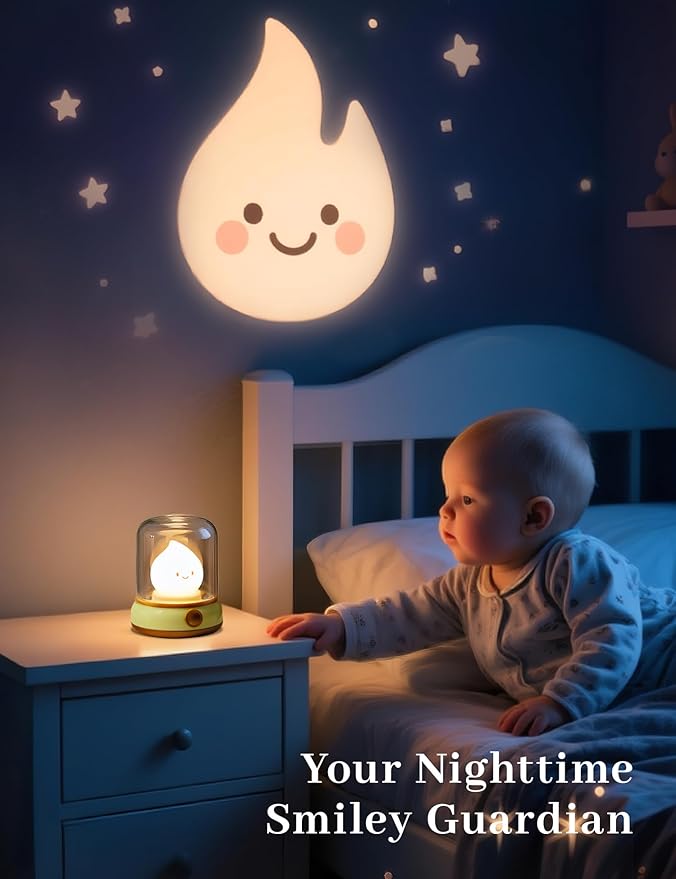 Cute Smiley Night Light with White Noise, Vintage Flickering Flame Lamp, USB Rechargeable Dimmable Sleep Timer, Cozy Lamp Sleep Aid Sound Machine for Bedroom