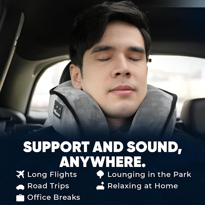 Bluetooth Music Neck Pillow Plus+ Thicker Support Wireless Bluetooth Speaker Suitable Airplane,Train,Car,Office,Outdoor Camping for Sleeping, Resting The Best Travel Essentials. (Dark Gray)