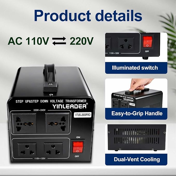 Yinleader Heavy Duty 2000W PRO 110V to 220V Voltage Converter Step Up/Down Power Transformer 110-120V/220-240V for 220/230/240V Global Appliances use in US