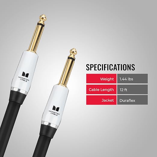 Monster Prolink Studio Pro 2000 Guitar Cable 21 ft Straight to Straight TS Cable, 95% Copper Braided Shield, Duraflex Jacket, Gold-Plated Contacts