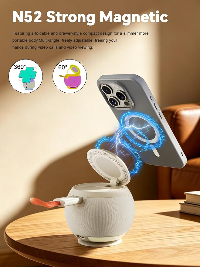 5 in 1 Wireless Charging Station with Bluetooth Speaker and Night Light, Magnetic Fast Charger Stand for iOS Phones, Smartwatch and Wireless Earbuds, Bedside Charging Station, Brown