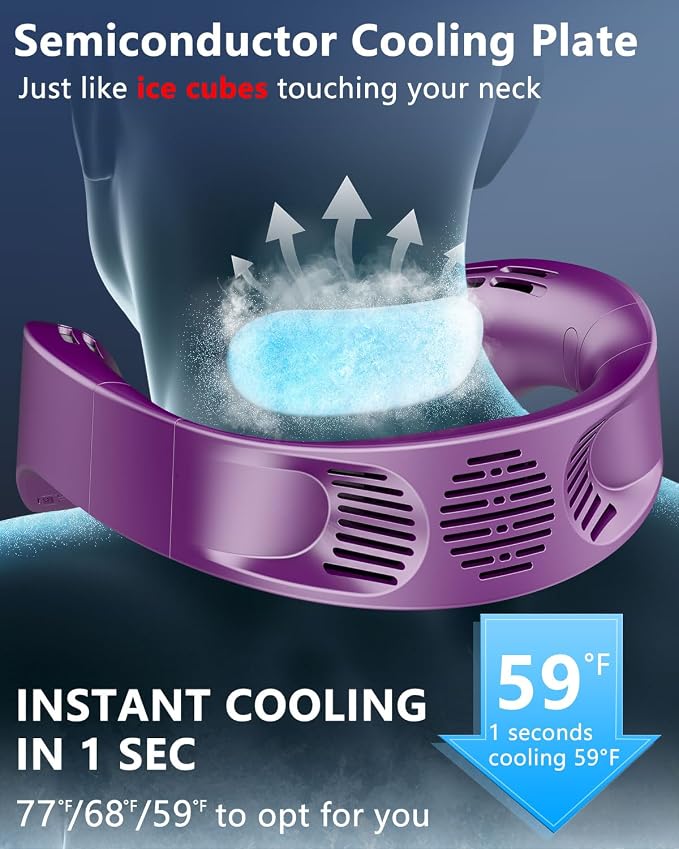 Neck Fans that Blow Cold Air,5500mAh Whisper Quiet Fan,5 Speeds & 3 Cooling Modes, USB-C Quick Charge,LED Shows Battery & Speed, 360° Airflow, Lightweight Wearable AC for Women Men Adults Kids Purple