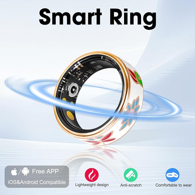 Smart Ring for Women Fitness Tracker with Heart Rate, SpO2, Blood Pressure & Sleep Monitoring, IP68 Waterproof, Long Battery Life, No Monthly Fees, for iPhone Android (8#&Floral)