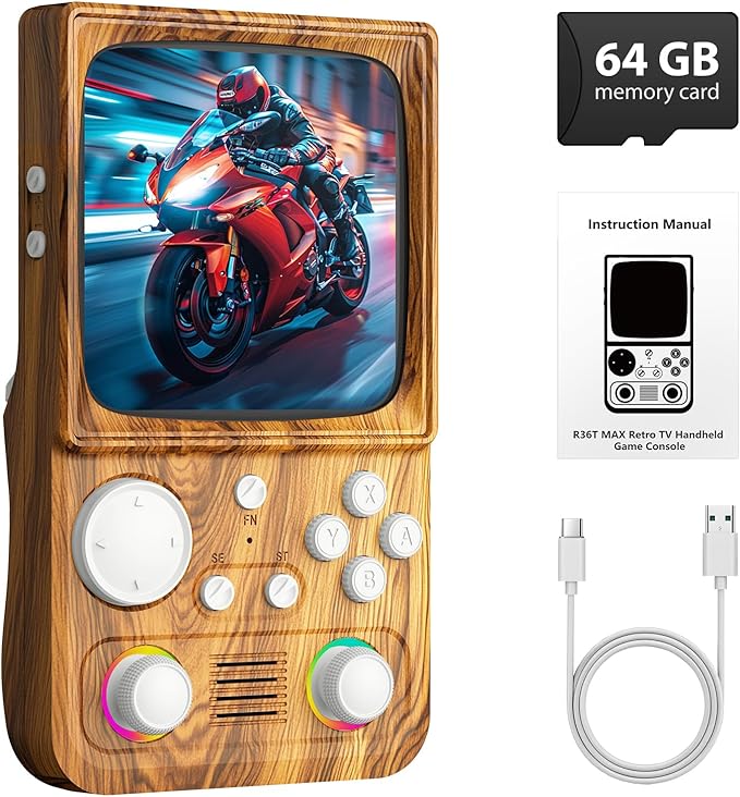 R36TMAX Retro Handheld Game Console, 4 Inch IPS HD Screen Retro Gaming Console,Supports WiFi Networked Fighting and OTG,Compatible with a Large Variety of Classic Games,Built-in 64G,Wood Grain Brown