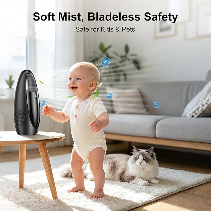 KONSIDEN Bladeless Misting Desk Fan, 13 Inch Rechargeable 3500mAh Quiet Small Personal Table Fan, 9 Speeds & 9H Timer, 60° Oscillation, 180ml Water Tank & Night Light for Bedroom Office Home Outdoor