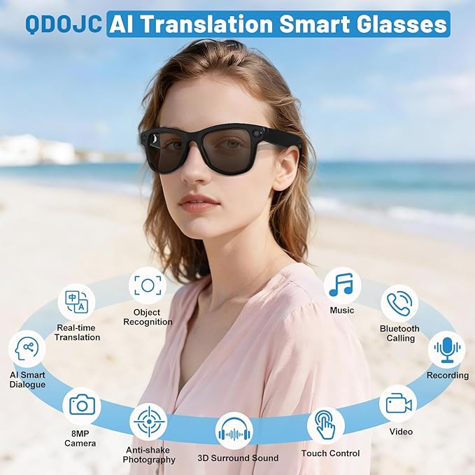 Smart Glasses with Camera with 3600mAh Charging Case, 8MP HD Video Recording with Anti-Shake POV Camera, AI Voice Assistant, AI Smart Glasses with AI Translation for Travel Vlog Business