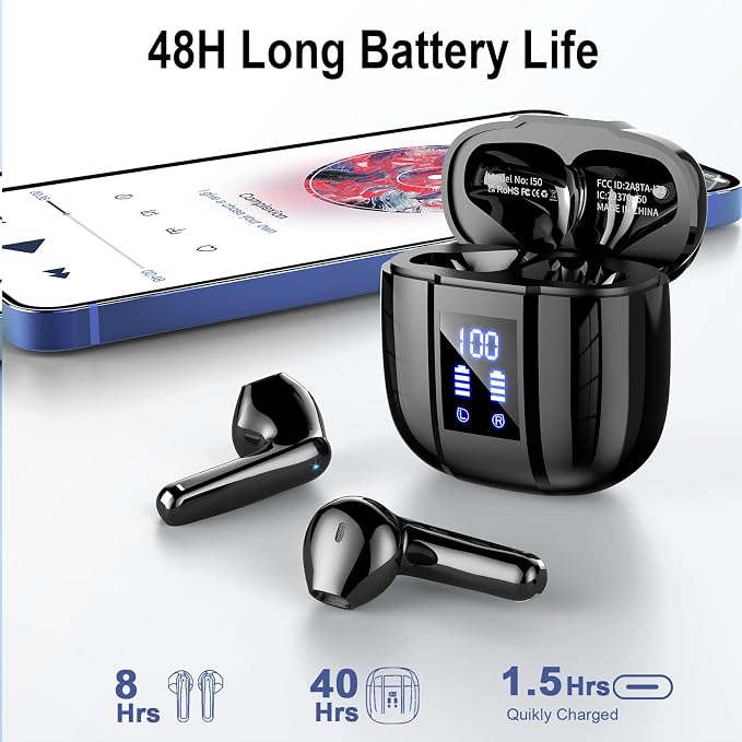 Wireless Earbuds, Bluetooth 5.4 Headphones, 48H+, Stereo Ear Buds, LED Display Earphones with Mic, IP7 Waterproof In EarBud, Comfort Fit, Bluetooth Earbuds for Phone Android iOS, Sport, Walk, Black