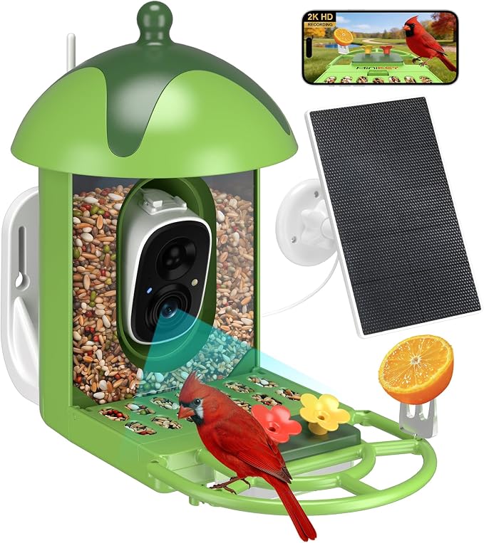 Smart Bird Feeder with Camera Outdoor Birdhouse: AI Identifies 11000+ Species, 2K HD with Arrival Alerts, Attracts Hummingbirds, Dual Squirrel-Proof, Solar Powered, Gifts for Bird Lovers Mom Dad