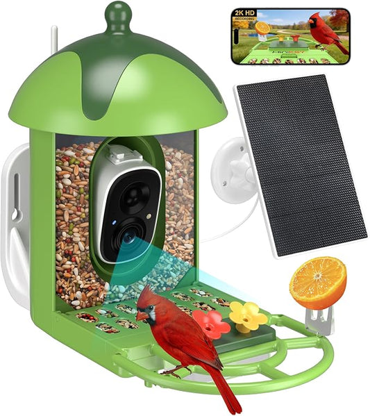 Smart Bird Feeder with Camera Outdoor Birdhouse: AI Identifies 11000+ Species, 2K HD with Arrival Alerts, Attracts Hummingbirds, Dual Squirrel-Proof, Solar Powered, Gifts for Bird Lovers Mom Dad