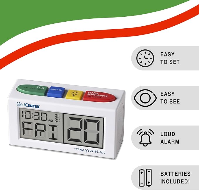MEDCENTER Talking Alarm Clock HSA/FSA, Medication Pill Reminder Clock, Alarm Clock for Dementia and Visually impaired - Digital Clock Ex Large White (with Adapter) Gift for Mom, Dad, Elderly, Seniors