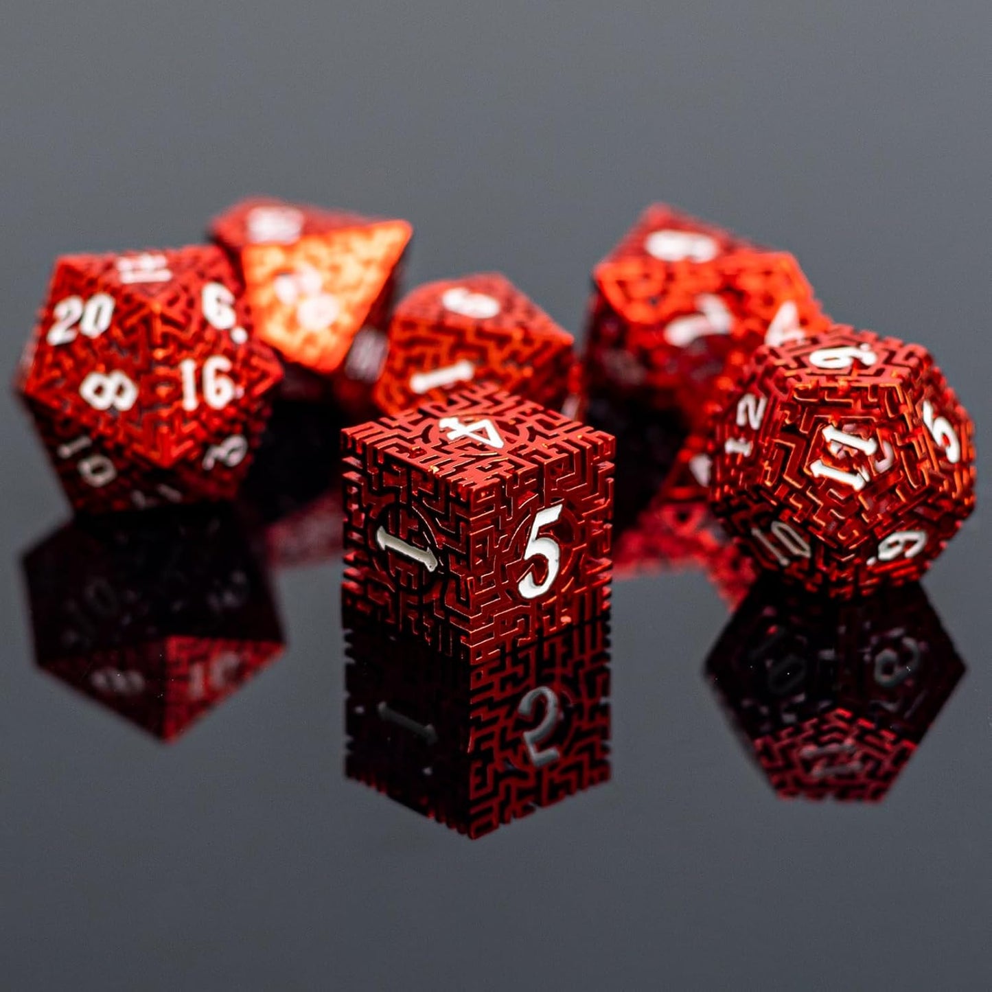 Red Metal Hollow DND Dice Set (Barbarian) Metallic Luster Maze Design with Storage Box - Balanced Weight 7 Piece Zinc Alloy, Designed for Dungeons and Dragons DM and Player RPG Accessories