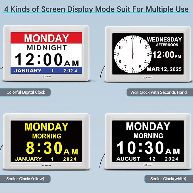 Soobest Dementia Digital Clock for Seniors Elderly, 20 Alarm Reminders 3 Ringtones for Memory Loss Alzheimers, Electric Time Date Day Large Display Calendar Clock, Auto DST, 1024 * 600P HD