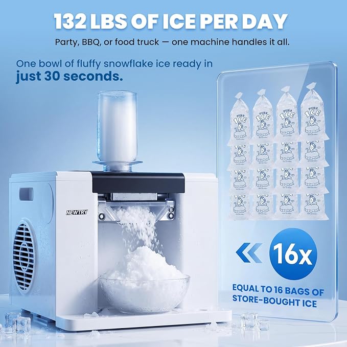 NEWTRY Snowflake Ice Machine 280W Shaved Ice Machine Automatic Snow Cone Maker Air Cooling Efficient Ice Crushing for Party Bar Home 110V (White)