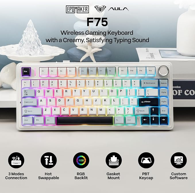 EPOMAKER x Aula F75 Gasket Mechanical Keyboard, 75% Wireless Hot Swappable Gaming Keyboard with Five-Layer Padding&Knob, BT/2.4GHz/USB-C, RGB (Light Blue, LEOBOG Reaper Switch)