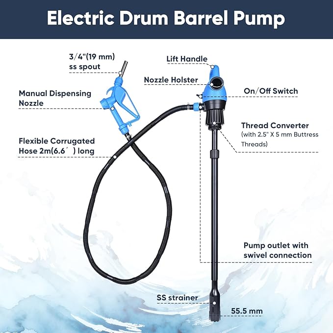 Electric Drum Barrel Pump, 110V-240V AC/ 12V DC Power, 55 Gallon Electric Transfer Pumps with 2-Inch Bung Adapter, 5 GPM Flow Rate, Suitable for DEF, Diesel, Water, Antifreeze