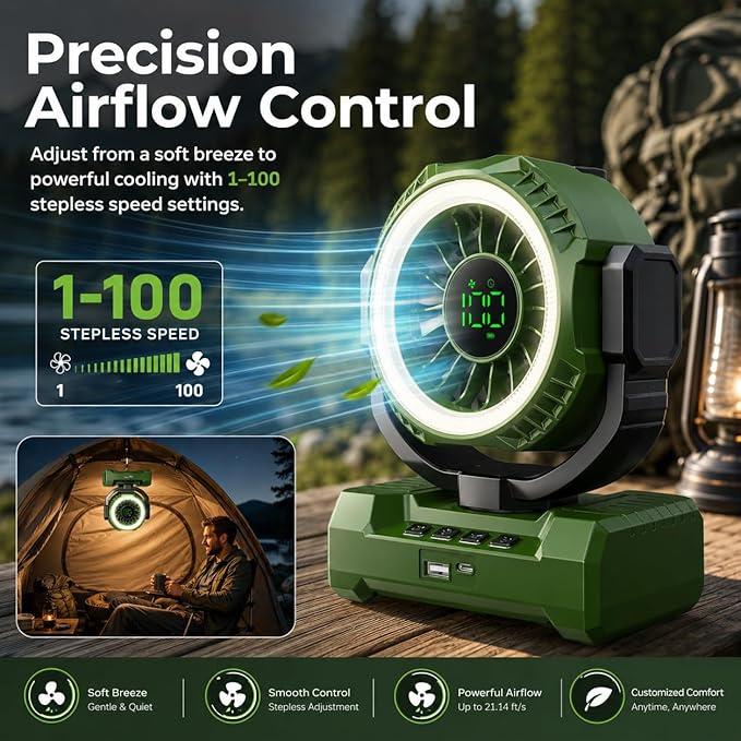 3-in-1 Portable Camping Fan, Auto-Oscillating 20000mAh Rechargeable Fan with Light, 1-100 Speed, 12H Timer, Display, Cordless Battery Powered Fan for Indoor, Outdoor, Travel, Fishing, Tent, Bedroom